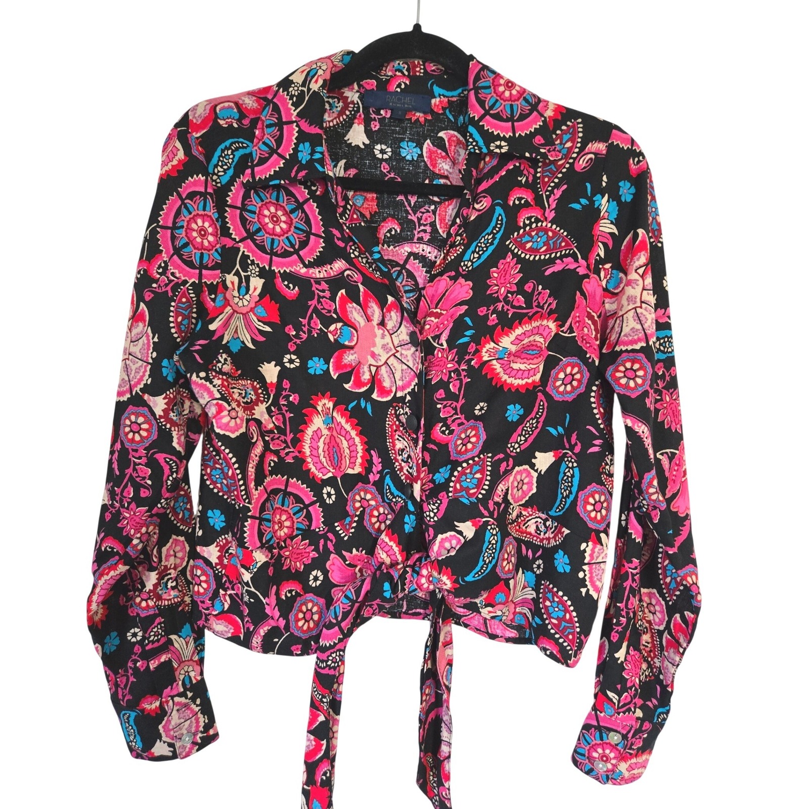 Rachel Rachel Roy Paisley Floral Tie Front Linen Blend Crop Blouse Black Pink S